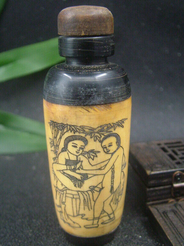 Antique Chinese Nephrite Celadon-hetian-jade Lover Statue/snuff Bottles Qing