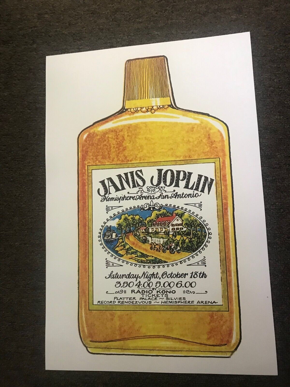 Janis Joplin 1969 San Antonio Whiskey Bottle Cardstock Concert Poster 12"x18'