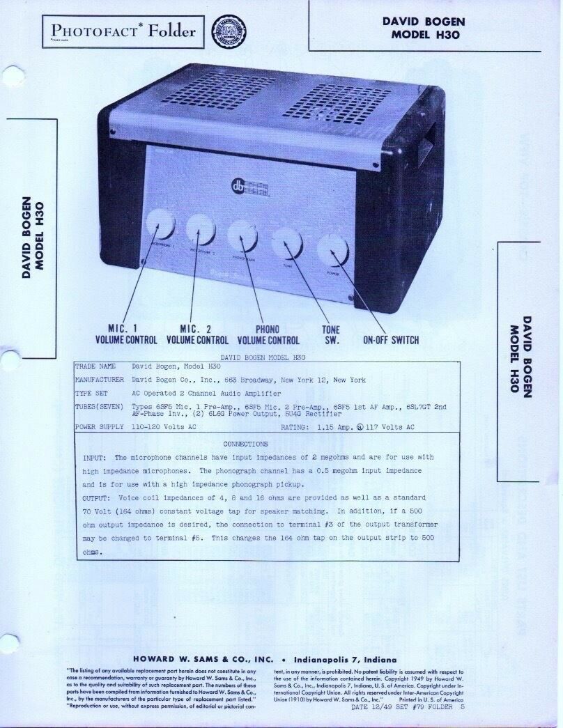 1949 David Bogen H30 Amplifier Amp Service Manual Photofact Schematic Diagram