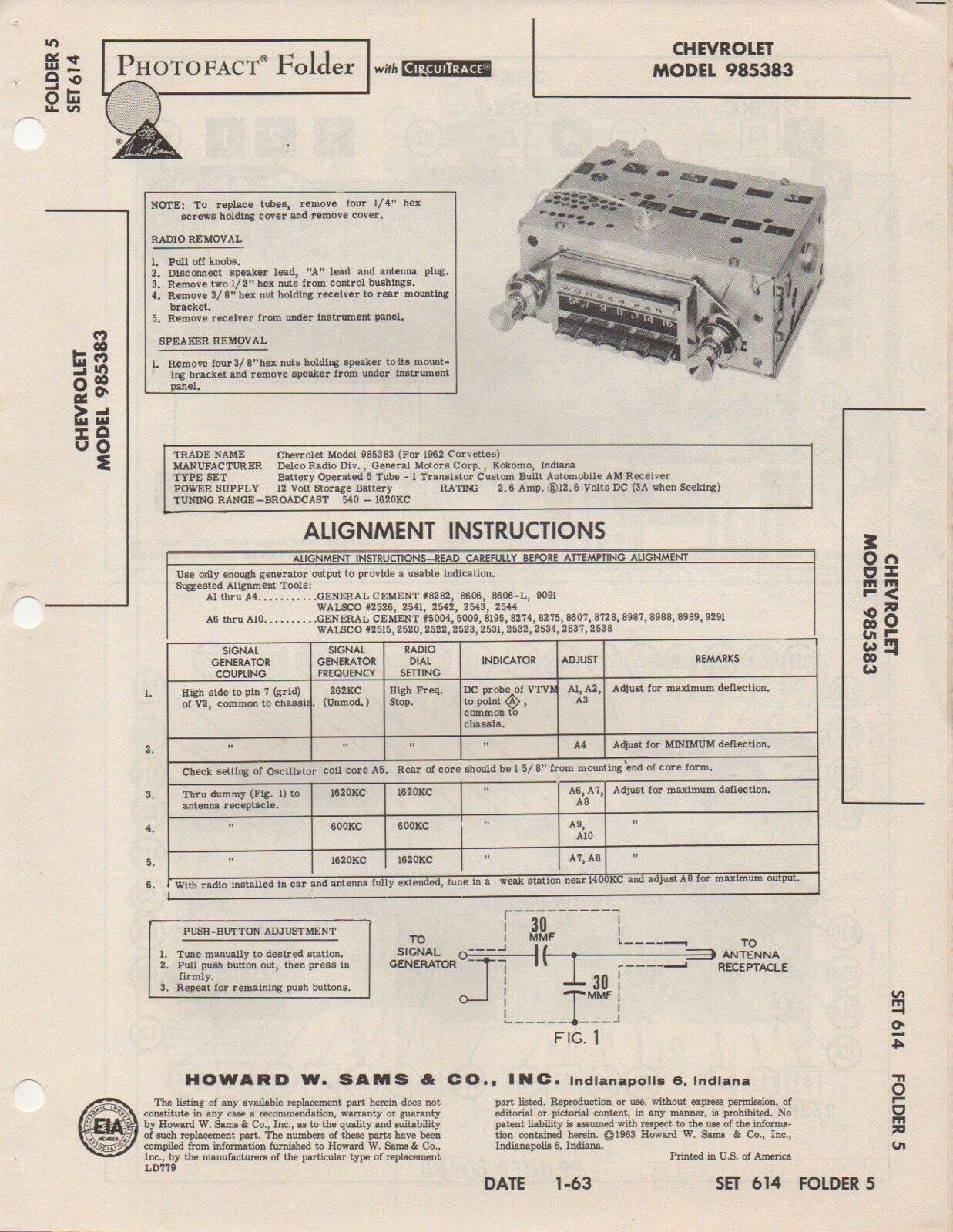 1963 Chevrolet 985383 Radio Service Manual Photofact For 1962 Corvette Schematic