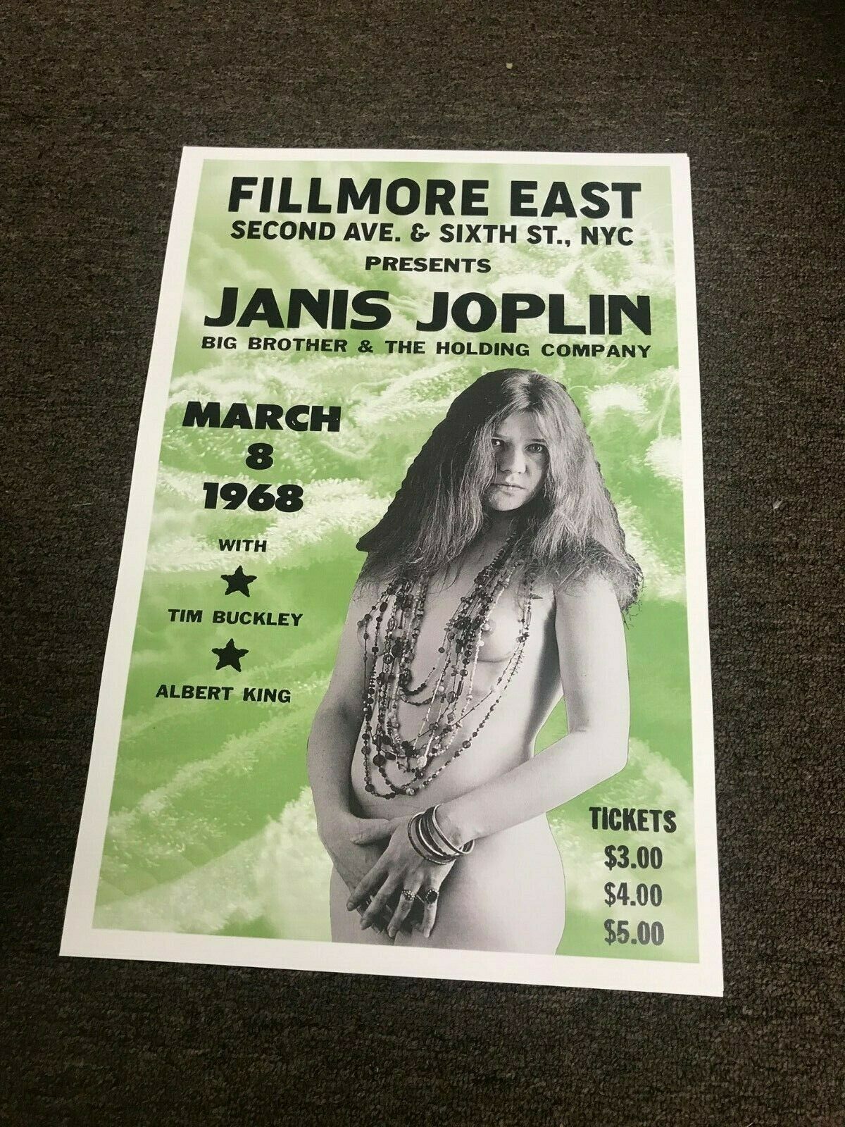 Janis Joplin 1968 Fillmore East Cardstock Concert Poster 12" X 18"f Lol