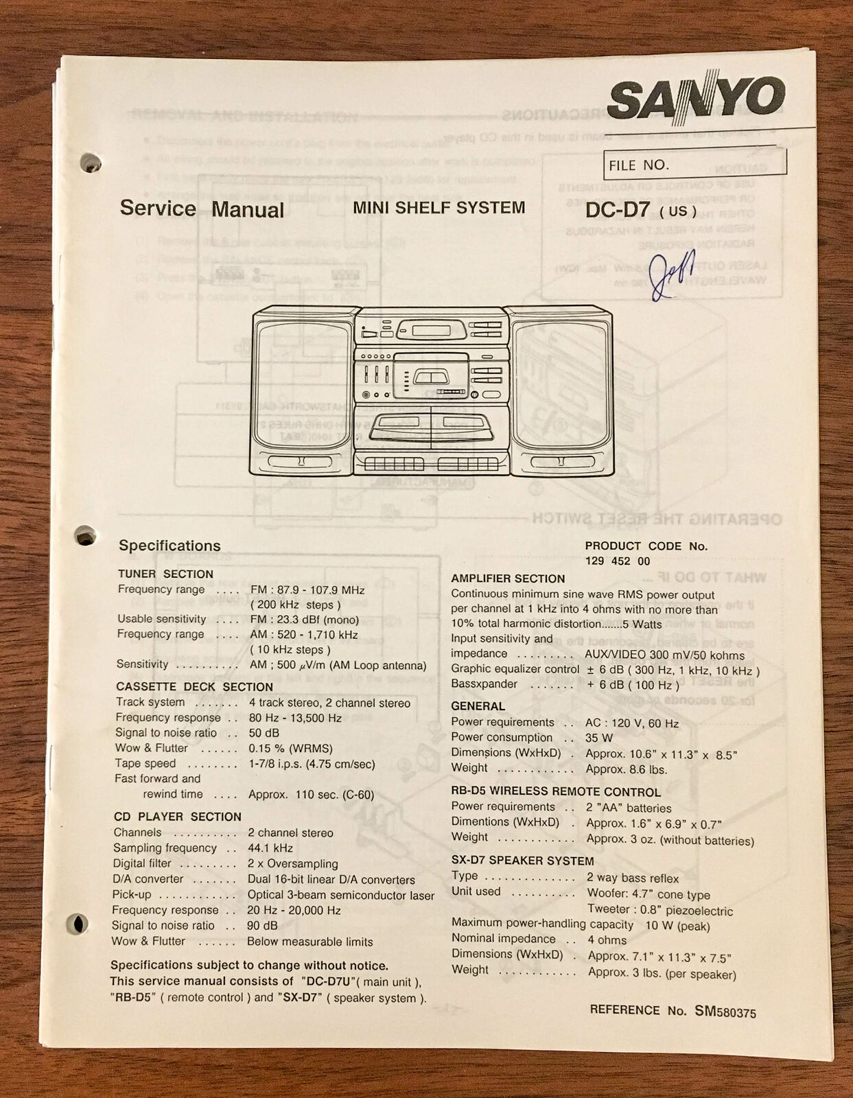 Sanyo Dc-d7 Stereo Service Manual *original*
