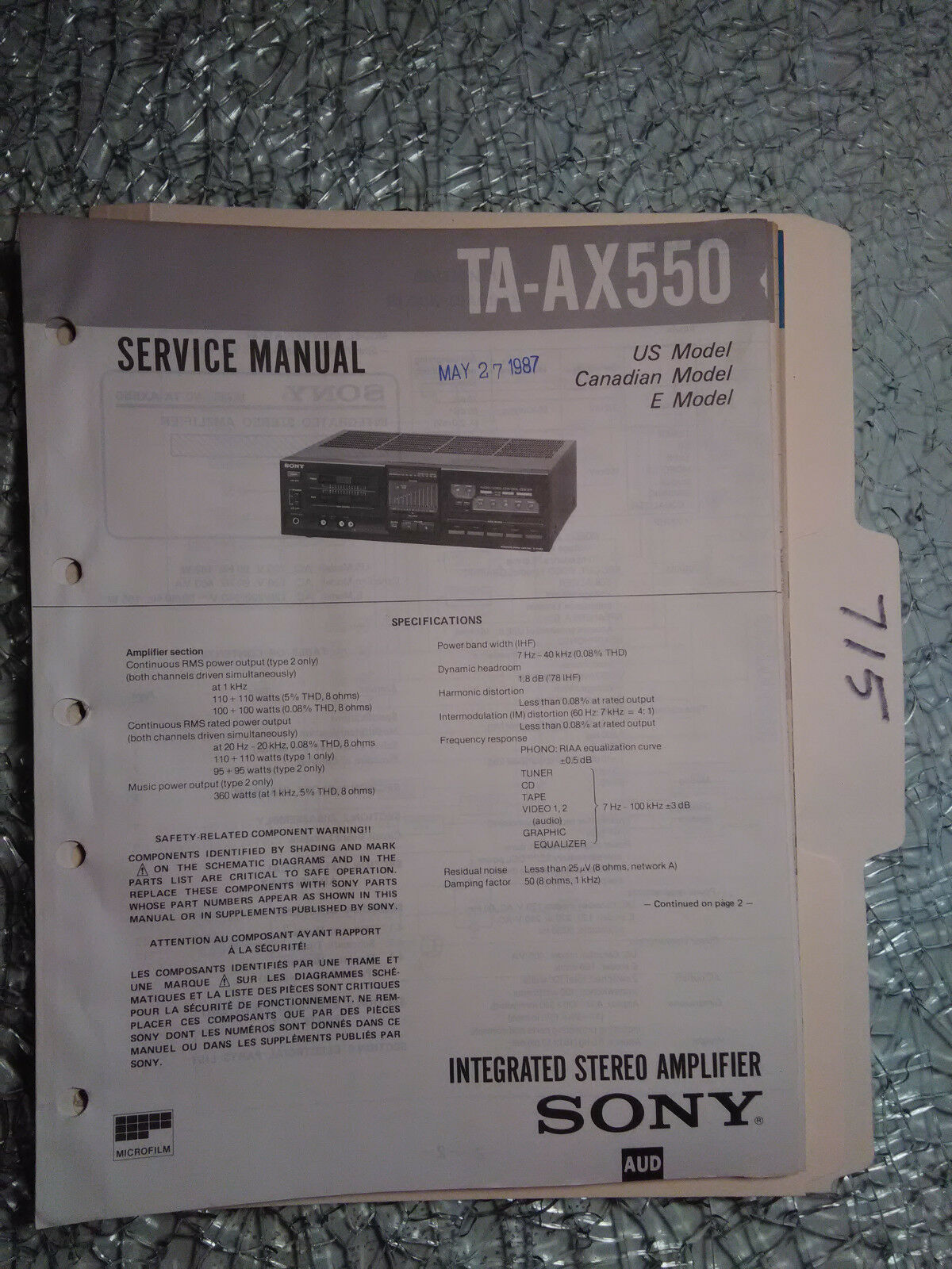 Sony Ta-ax550 Service Manual Original Repair Book Stereo Amp Amplifier
