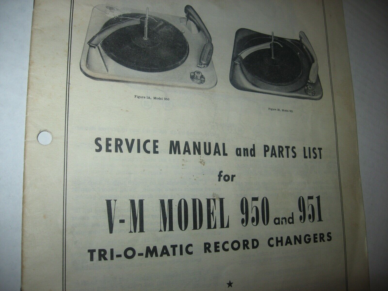 Vintage V-m Service Manual Parts List Only For Record Players 950 951 Authentic